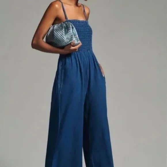 Anthropologie Pilcro Smocked Jumpsuit XXS Women Chambray Wide-Leg - Picture 1 of 5